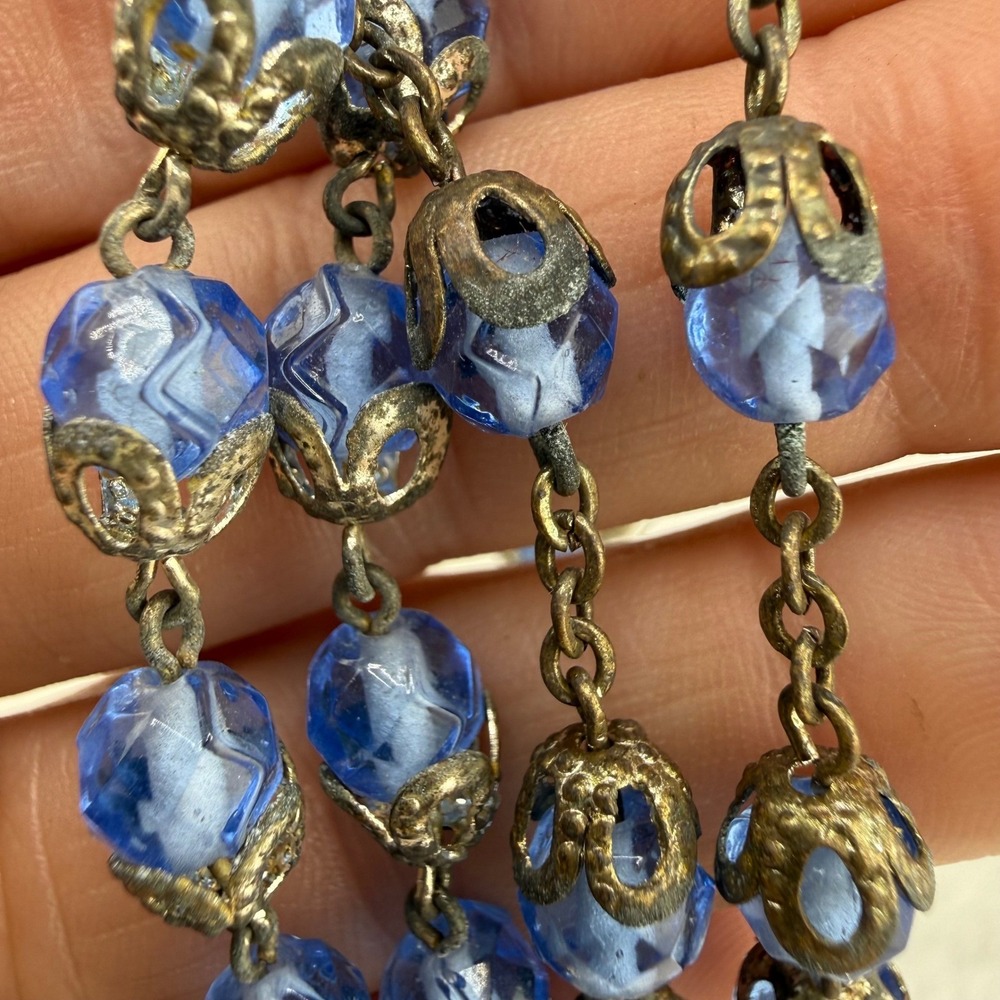 Vintage Rosary Blue Glass Faceted Beads Catholic Crucifix Inscription READ